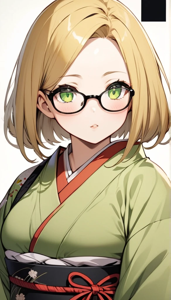 chubby girl, blonde, green eyes, medium length hair, open forehead, glasses with black square frames Japanese clothing style, ancient japan