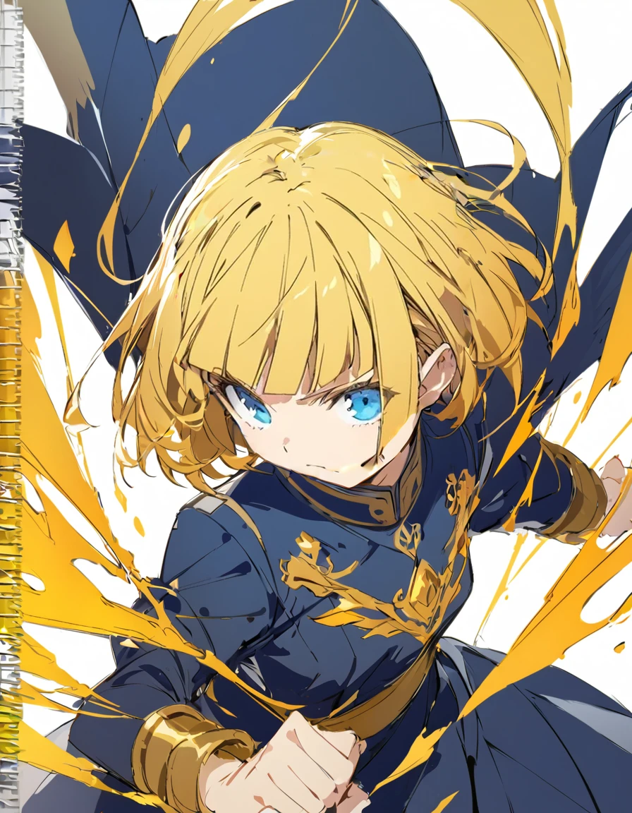 A girl fighting with golden flames(Sketches), (Open Close), (Small body), (bionde:1.5) (Short Bob Hair:1.4)White and navy blue uniform