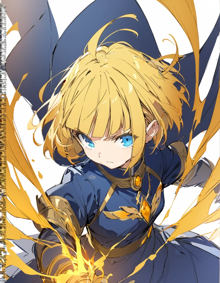 A girl fighting with golden flames(Sketches), (Open Close), (Small body), (bionde:1.5) (Short Bob Hair:1.4)White and navy blue uniform