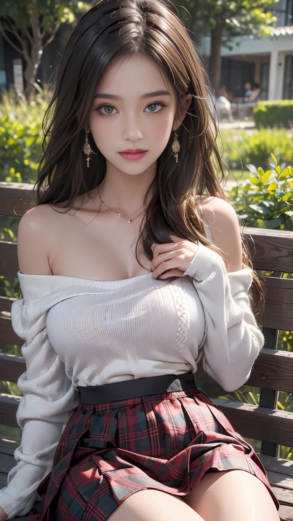 best quality,Super detailed,masterpiece,Employment,8K,Extremely detailed CG unifies 8K, 8K, diamond, and wallpaper，lifelike, Surreal, The original, Intricate details，Detailed face，Exquisite eyes, Skin smooth and soft, Delicate face, Big shining eyes，1 beautiful girl, 18 years old， Super beautiful face details, Smiling shyly, Majestic breasts，nffsw,Best quality:1.4, Photorealism:1.4, Texture:1.4, masterpiece:1.8, 1 female, Hip lift, beautiful eyes, Long hair, Dark circles under eyes, Full breasts，(Show your most beautiful smile to the audience),,Beautiful face,,20 years old,(Beautiful Face 1.4),slim, (Long hand-knit off-shoulder top:1.2)、(Plaid pleated skirt:1.2),Sea，garden，bench