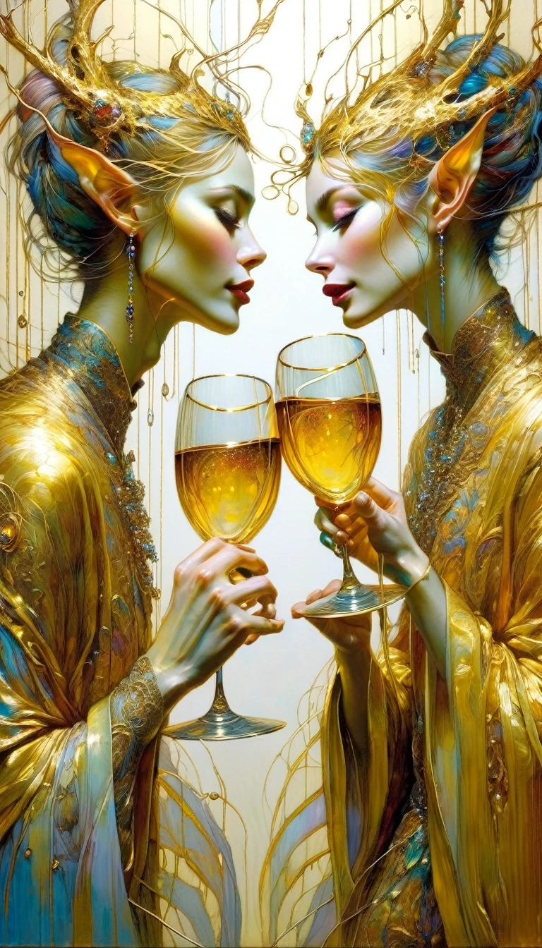 couple of lovers look at each other and toast with two luxurious glasses, luxurious gold glasses, (art inspired by Brian Froud and Carne Griffiths and Wadim Kashin, intricate details, oil ) 