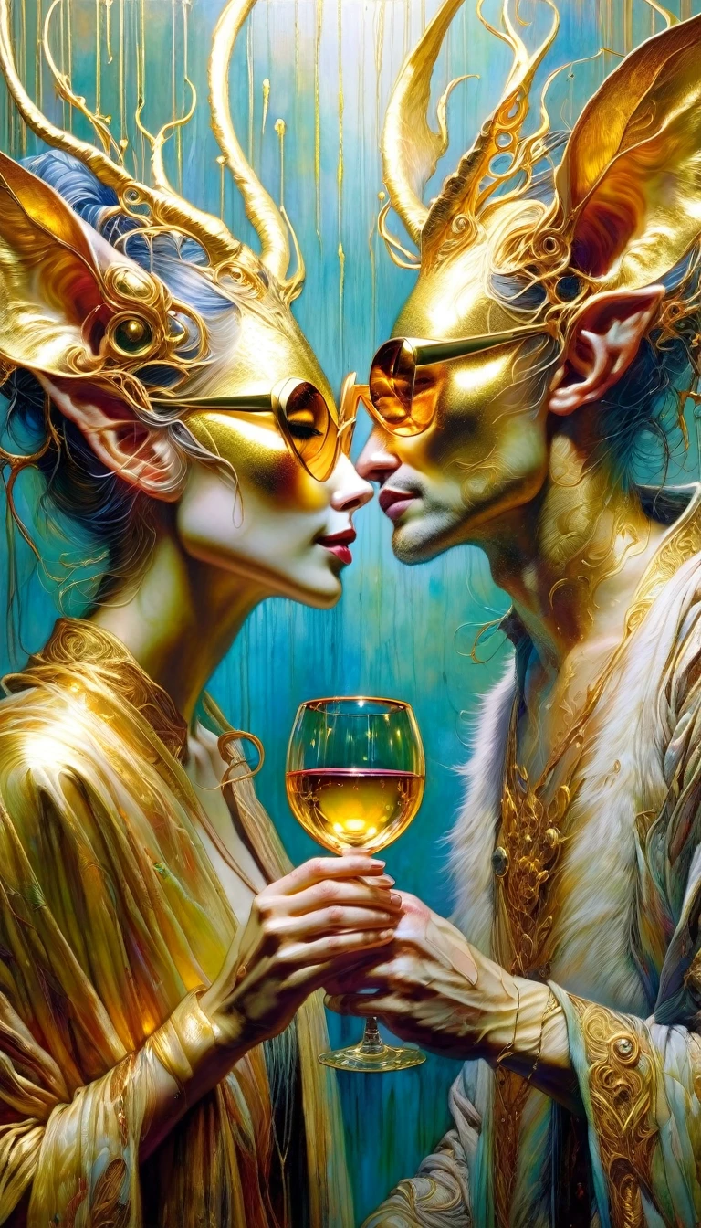 couple of lovers look at each other and toast with two luxurious glasses, luxurious gold glasses, (art inspired by Brian Froud and Carne Griffiths and Wadim Kashin, intricate details, oil )
