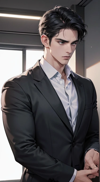 (best quality, masterpiece, 8K, photorealistic, cinematic lighting, hdr image, ultra detailed, beautiful image), 1 man, 31 years old, mature man, very handsome, (without expression, serious), short black hair, black eyes ( penetrating gaze), perfect face without errors, imposing posture, without errors, businessman, office background