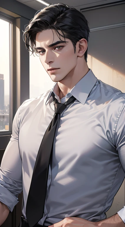 (best quality, masterpiece, 8K, photorealistic, cinematic lighting, hdr image, ultra detailed, beautiful image), 1 man, 31 years old, mature man, very handsome, (without expression, serious), short black hair, black eyes ( penetrating gaze), perfect face without errors, imposing posture, without errors, businessman, office background