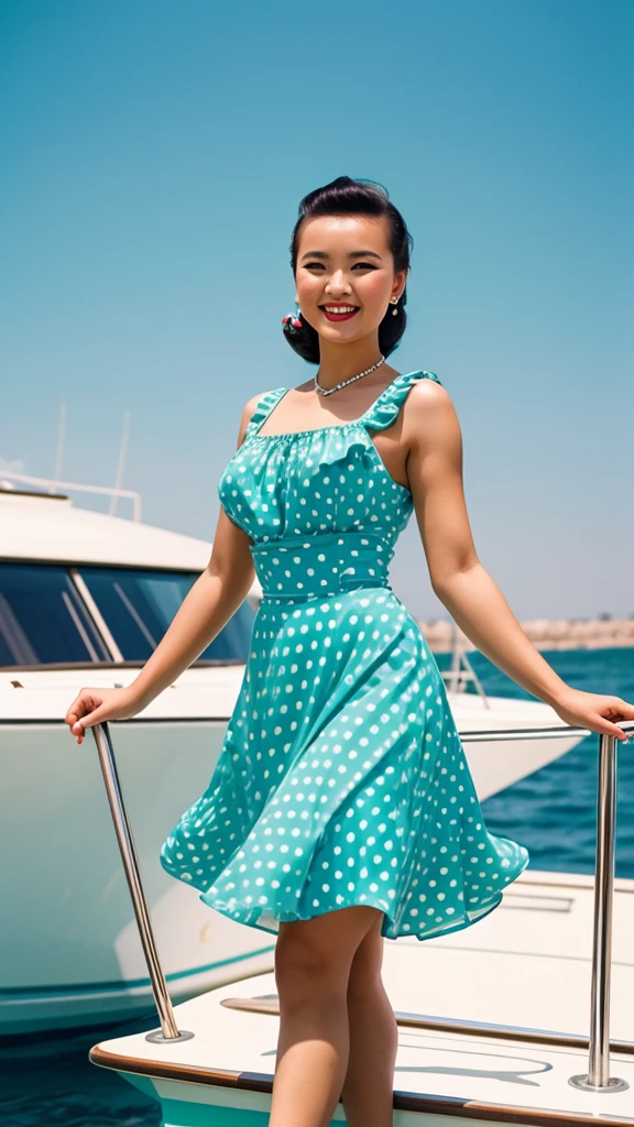 35mm film photography, Joyful, smiling kazakh woman pin-up woman posing beautifully smiling on a yacht clear weather summer sky blue bright sun in hands cocktail retro style pin-up green dress with polka dots dancing