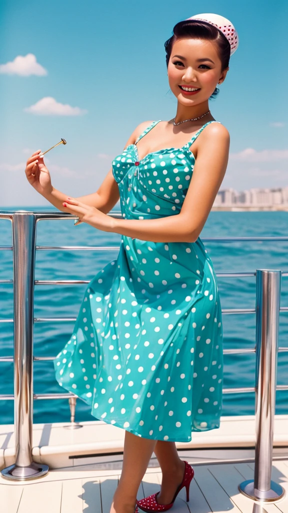 35mm film photography, Joyful, smiling kazakh woman pin-up woman posing beautifully smiling on a yacht clear weather summer sky blue bright sun in hands cocktail retro style pin-up green dress with polka dots dancing
