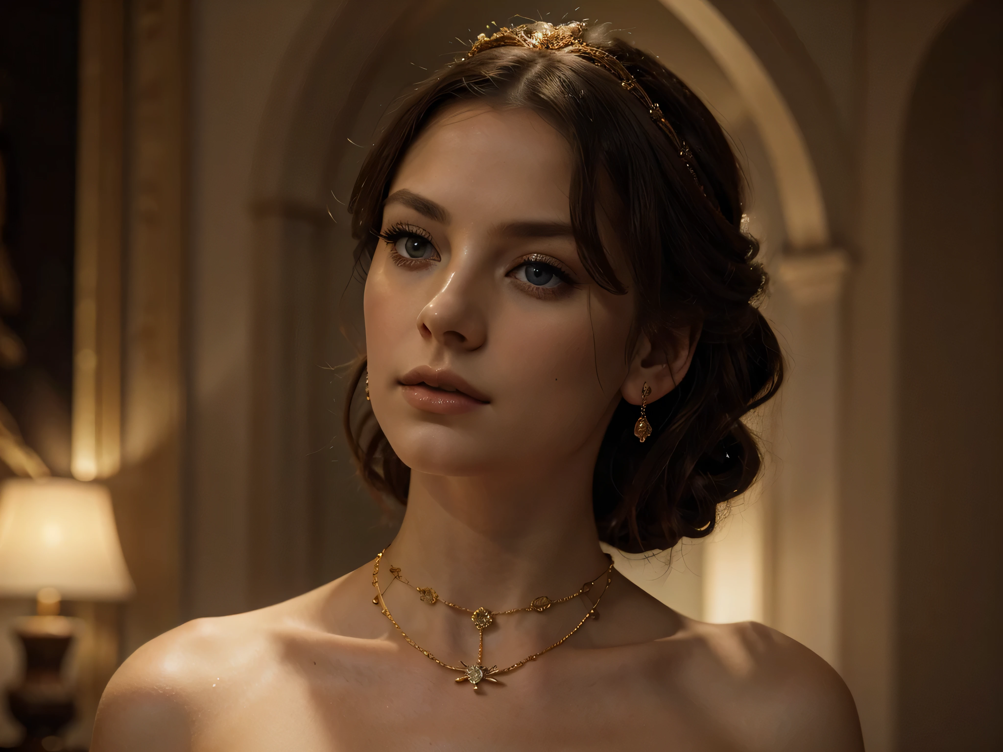 A chiaroscuro portrait of a woman, beautiful detailed eyes, beautiful detailed lips, extremely detailed eyes and face, long eyelashes, porcelain skin, elegant hairstyle, intricate jewelry, dramatic lighting, Renaissance style, dramatic shadows, warm golden tones, dramatic chiaroscuro lighting, ultra-detailed, 8k, photorealistic, masterpiece, cinematic, dramatic atmosphere, elegant and regal