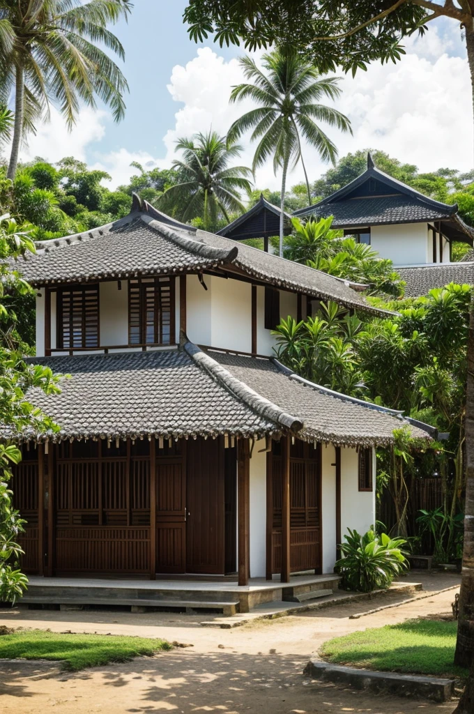 there is a village house. In front of the house, there are coconut trees and rice fields. Describe the peaceful atmosphere of the village by emphasizing shape and space