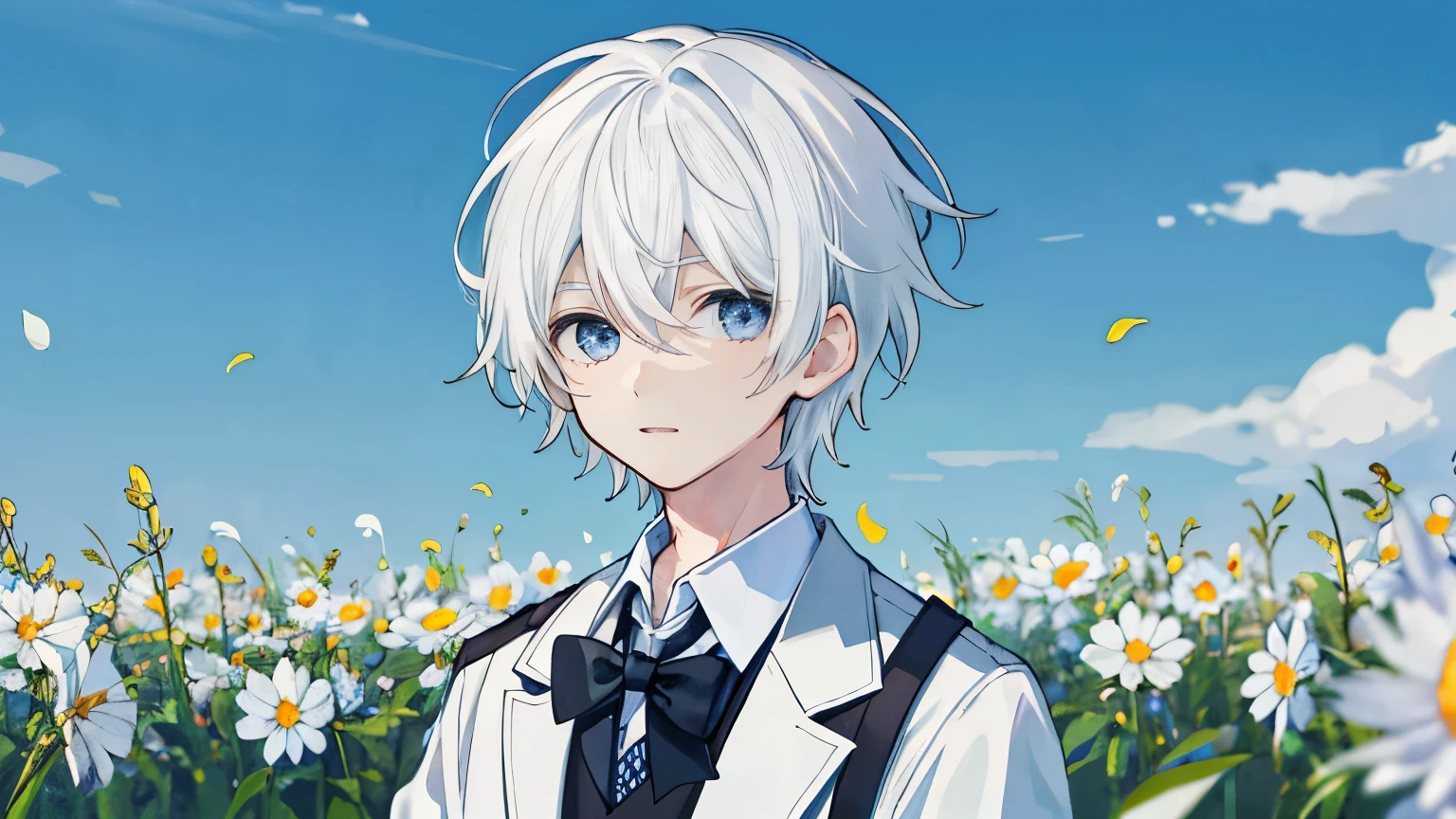 1 boy, white hair, Cute face, Field background filled with the scent of summer flowers