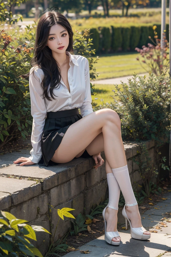 (masterpiece, Very detailed, Ultra-high resolution, 8K, RAW Photos, Digital SLR, Shot with Nikon 70d, Sharp focus), One girl, alone, View your viewers, Green Eyes, Long black hair, Mid-chest, White shirt, skirt, Legwear, High heels, garden, autumn, Fallen leaves