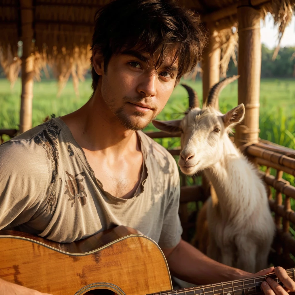 a handsome man, clean face, shaggy hair, wearing a worn t-shirt, facing the camera, playing the guitar in a woven bamboo booth, no walls, near the man you can see a goat eating green grass, in the afternoon grassland, cool atmosphere , ornate details, masterpieces, soft golden hours, best quality,highest resolution, every detail detailed,