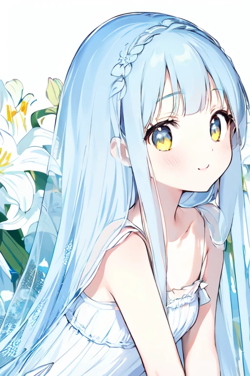 masterpiece, best quality, extremely detailed, (illustration, official art:1.1), 1 girl ,(((( light blue long hair)))), ,(((( light blue long hair)))),light blue hair, long hair ((blush)) , cute face, big eyes, masterpiece, best quality,(((((a very delicate and beautiful girl,))))),Amazing,beautiful detailed eyes,blunt bangs、(((( delicate girl)))),tareme(true beautiful:1.2), sense of depth,dynamic angle, ,Baby Fchest,-first love, 1girl, solo, long hair, smile,dress, looking at viewer, blush, white dress, flower, bangs, sleeveless dress, yellow eyes, sleeveless, white background, bare shoulders, sundress, grin, upper body, lily \(flower\), signature, floral background, strap slip, bare arms, teeth, white flower