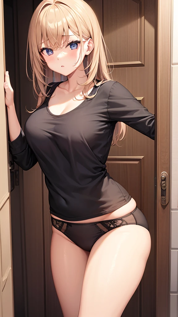 1girl, underwear, lingerie, tight shirt, big chest, reaching at the top of a cupboard, shiny skin