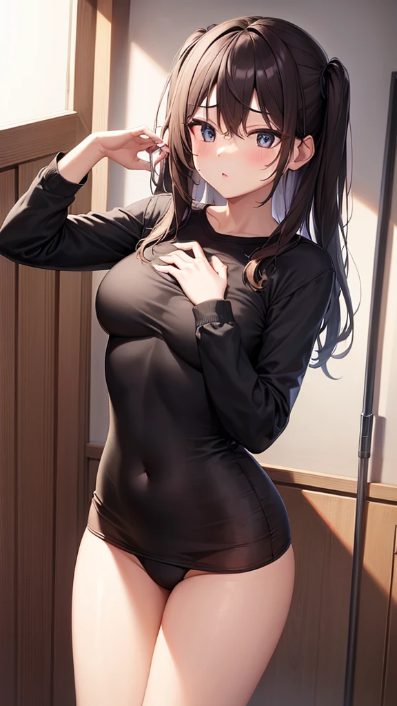 1girl, underwear, lingerie, tight shirt, big chest, reaching at the top of a cupboard, shiny skin