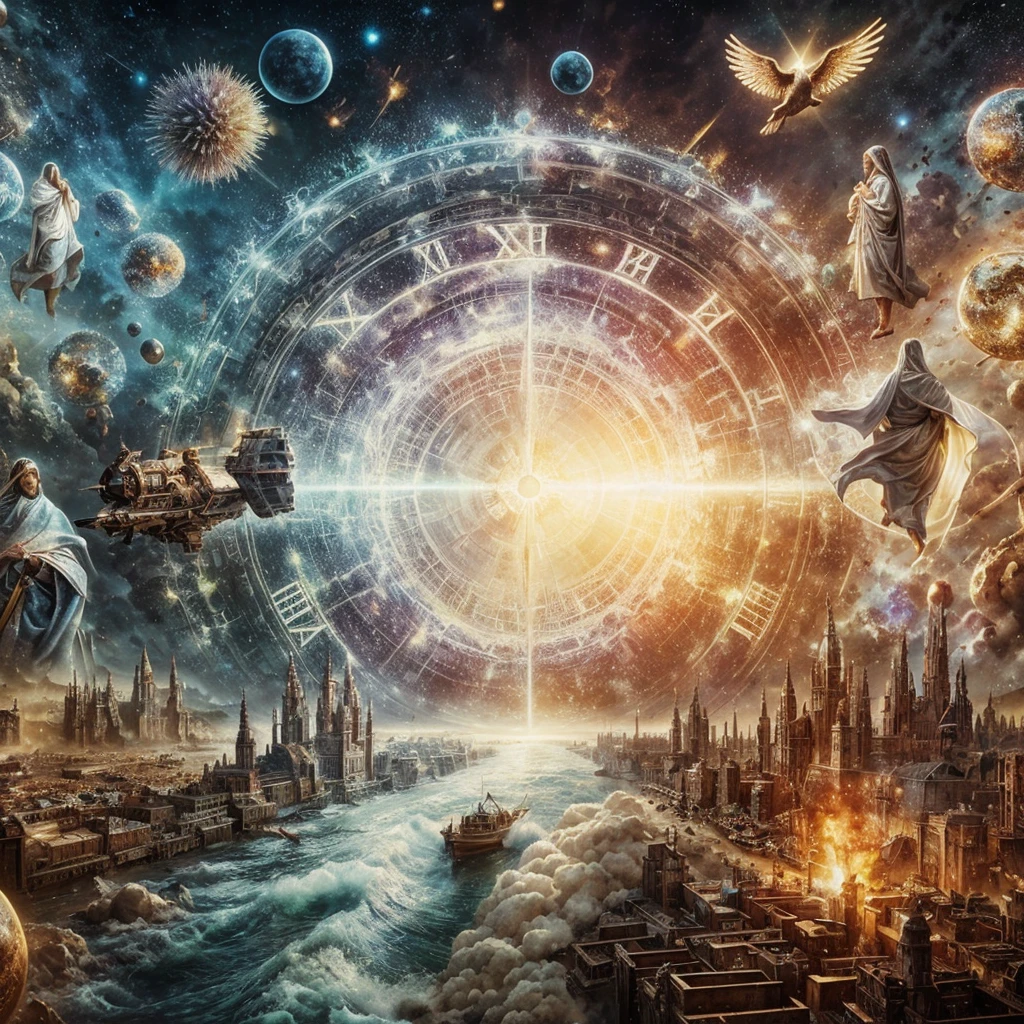 Many things happen at the same time in a period of time., a war, Jesus of Nazareth, the birth of life on earth, a pandemic. Photorealism, Full view, very detailed image, very realistic, hyperrealism, ultra hd, 8k, 5, sharp focus, intricate and mysterious masterpiece. (Long exposure photography Highly detailed close-up portrait artistic illustration: final quality, medium shot, Backlit, Rich and striking. Enigmatic and mysterious manipulations (composition of the rule of thirds), ((detailed environment with strong lines) The best quality, on camera, White light, warm and clean aesthetic, dazzling display composed of millions of bright ultraviolet rays, HDR.