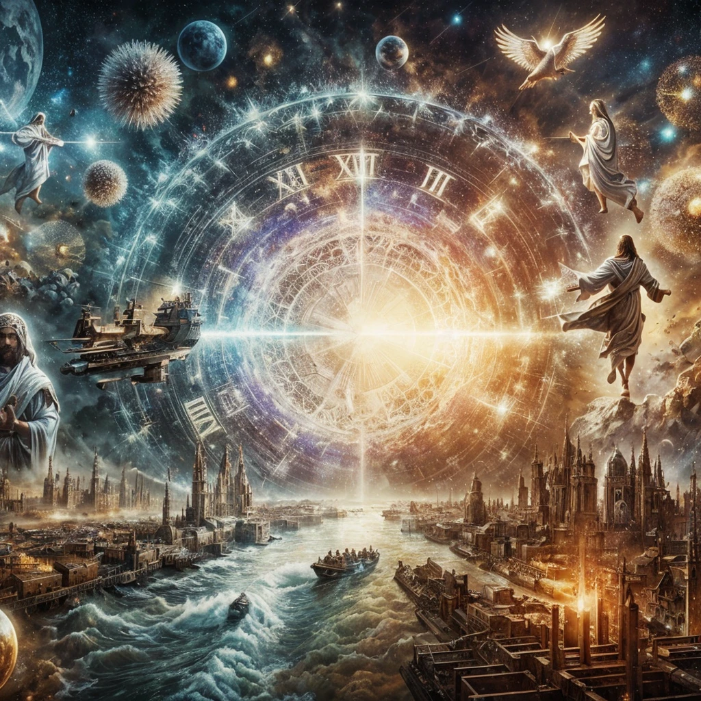 Many things happen at the same time in a period of time., a war, Jesus of Nazareth, the birth of life on earth, a pandemic. Photorealism, Full view, very detailed image, very realistic, hyperrealism, ultra hd, 8k, 5, sharp focus, intricate and mysterious masterpiece. (Long exposure photography Highly detailed close-up portrait artistic illustration: final quality, medium shot, Backlit, Rich and striking. Enigmatic and mysterious manipulations (composition of the rule of thirds), ((detailed environment with strong lines) The best quality, on camera, White light, warm and clean aesthetic, dazzling display composed of millions of bright ultraviolet rays, HDR.