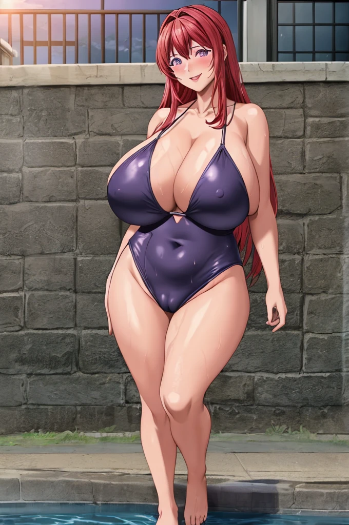 master piece,(high quality:1.2), intricate detailed, digital art, TakashiroHiroko, 1girl, mature female, solo, cowboy shot, looking at viewer, smile, blush, purple eyes, long hair, red hair, 1 girl solo,(((huge breasts))), saggy breasts,
one-piece navyblue swimsuit,((old school navyblue swimsuit)),school navyblue swimsuit,wet,barefoot,cameltoe.
embarrassing,blush,
full body,
sunlight, cloudy sky, sun, school pool,outdoor,