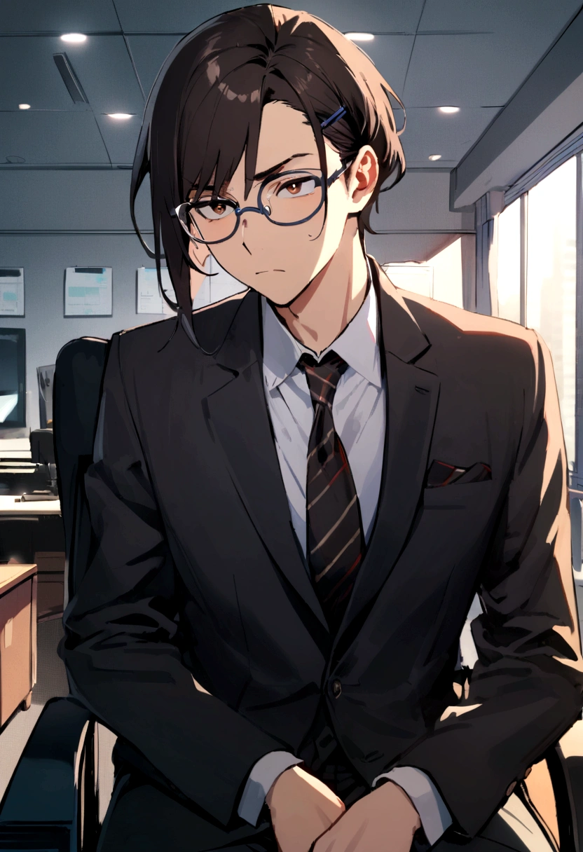1boy, Suits, Dark hair, side part hair, Brown Eyes, hairclip, glasses, childish looks, sitting on chair, short posture, tired face, Office Background, half body shot,