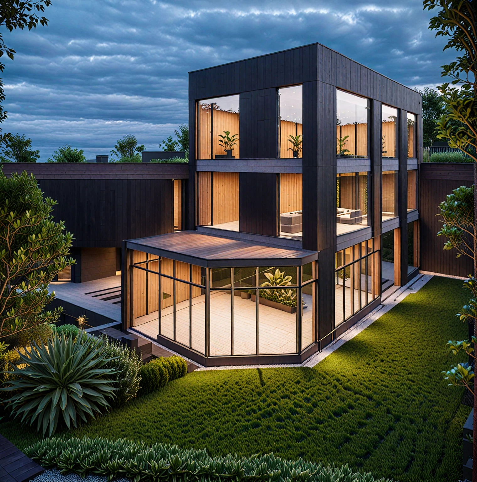 RAW photo of a modern house, garden, plants and trees,black color, wood material, Architecture Photography, cinematic photo, 35mm photograph, 8k, highly detailed, super realistic, jzcg