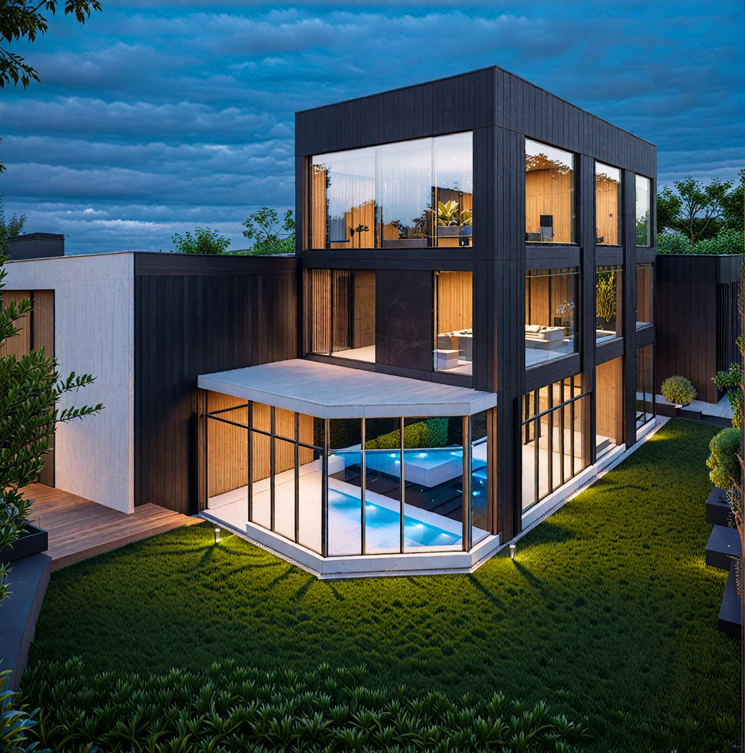 RAW photo of a modern house, garden, plants and trees,black color, wood material, Architecture Photography, cinematic photo, 35mm photograph, 8k, highly detailed, super realistic, jzcg