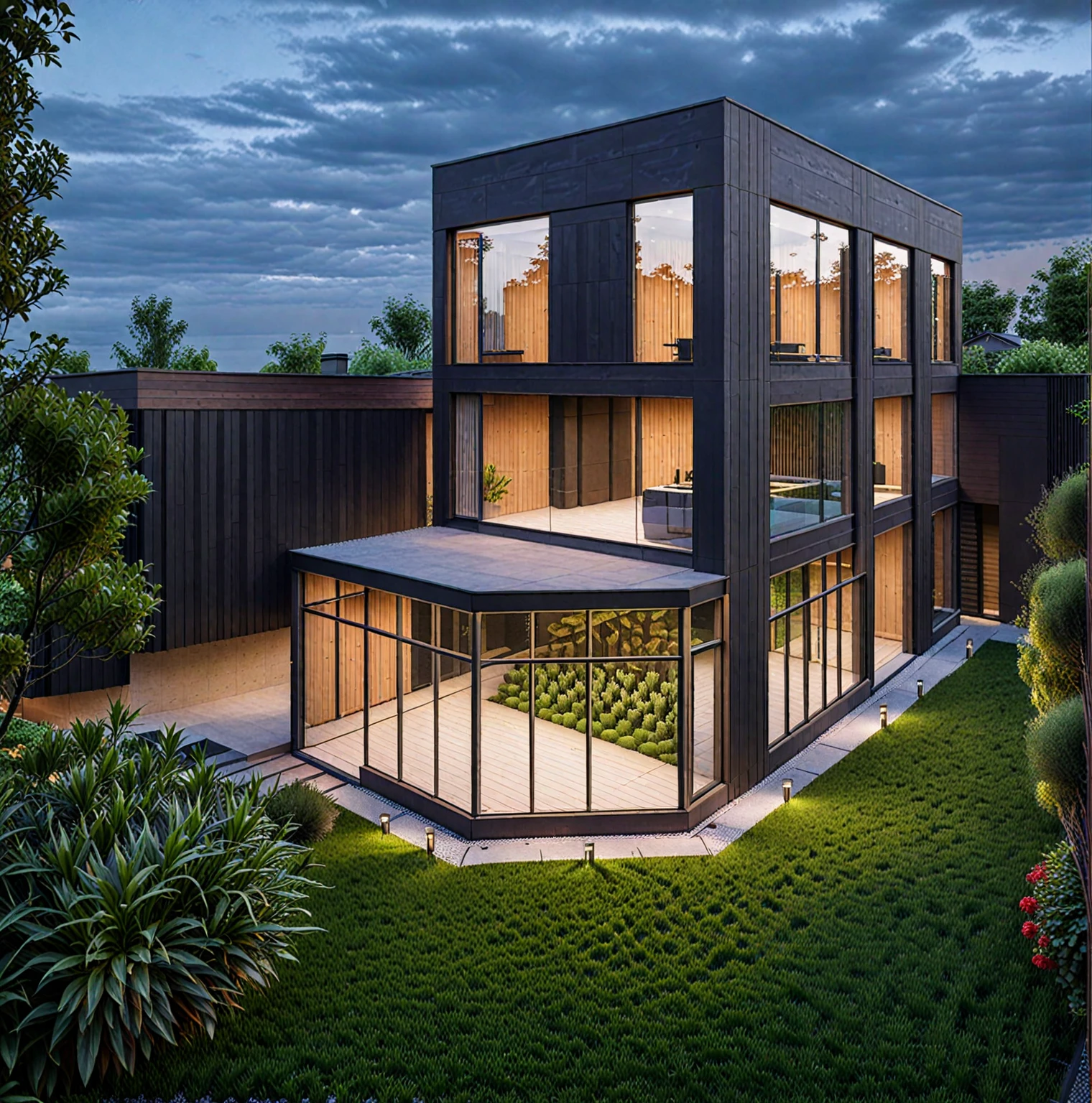 RAW photo of a modern house, garden, plants and trees,black color, wood material, Architecture Photography, cinematic photo, 35mm photograph, 8k, highly detailed, super realistic, jzcg