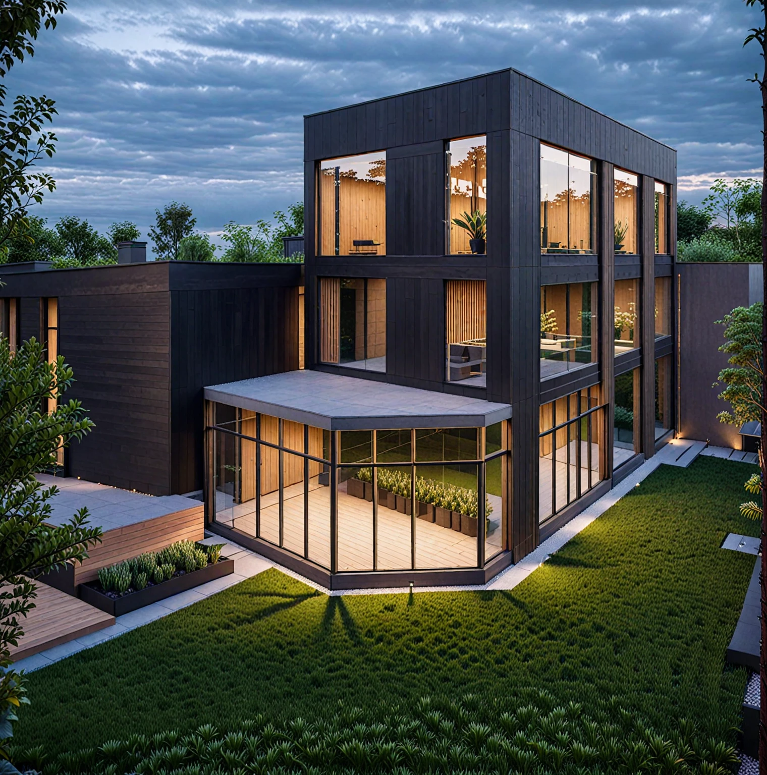 RAW photo of a modern house, garden, plants and trees,black color, wood material, Architecture Photography, cinematic photo, 35mm photograph, 8k, highly detailed, super realistic, jzcg