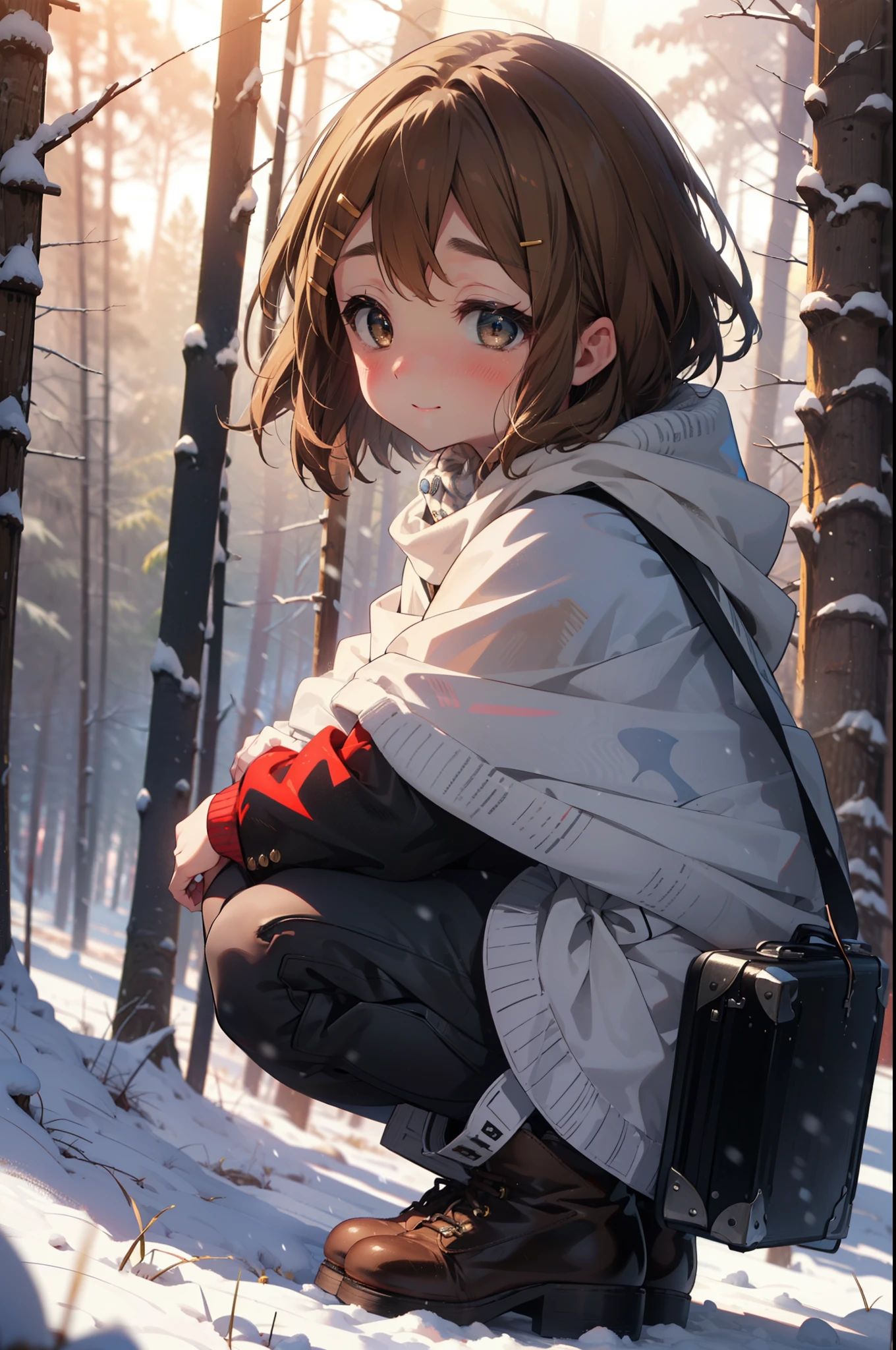yuihirasawa, Yui Hirasawa, short hair, Brown Hair, hair ornaments, (Brown eyes:1.5), Hair Clip、smile,smile,blush,White Breath,
Open your mouth,snow,Ground bonfire,, Outdoor, boots, snowing, From the side, wood, suitcase, Cape, Blurred, , forest, White handbag, nature,  Squat, Mouth closed, Cape, winter, Written boundary depth, Black shoes, red Cape break looking at viewer, Upper Body, whole body, break Outdoor, forest, nature, break (masterpiece:1.2), Highest quality, High resolution, unity 8k wallpaper, (shape:0.8), (Beautiful and beautiful eyes:1.6), Highly detailed face, Perfect lighting, Extremely detailed CG, (Perfect hands, Perfect Anatomy),