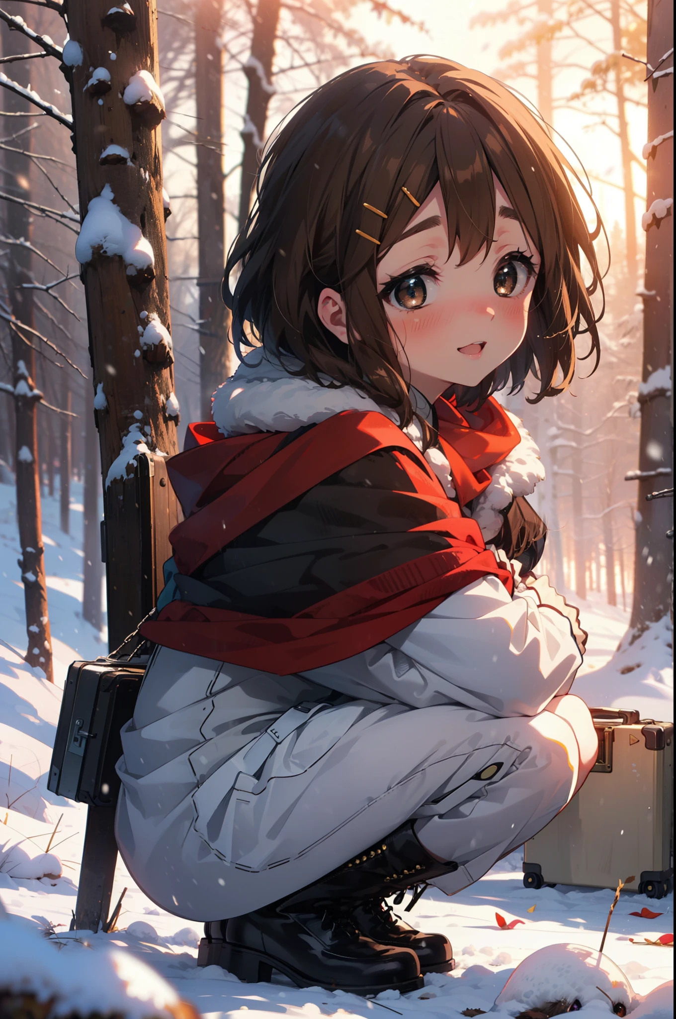 yuihirasawa, Yui Hirasawa, short hair, Brown Hair, hair ornaments, (Brown eyes:1.5), Hair Clip、smile,smile,blush,White Breath,
Open your mouth,snow,Ground bonfire,, Outdoor, boots, snowing, From the side, wood, suitcase, Cape, Blurred, , forest, White handbag, nature,  Squat, Mouth closed, Cape, winter, Written boundary depth, Black shoes, red Cape break looking at viewer, Upper Body, whole body, break Outdoor, forest, nature, break (masterpiece:1.2), Highest quality, High resolution, unity 8k wallpaper, (shape:0.8), (Beautiful and beautiful eyes:1.6), Highly detailed face, Perfect lighting, Extremely detailed CG, (Perfect hands, Perfect Anatomy),