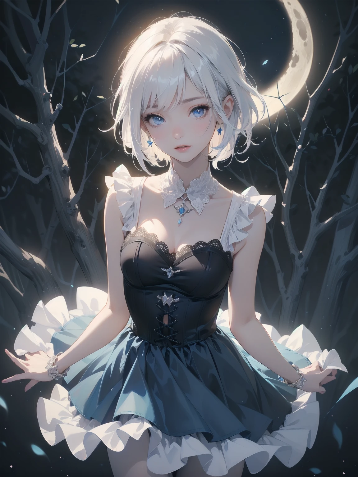masterpiece、Highest quality、Beautiful expression、Absurd、Extraordinary World、Beauty、solo、Idol、(Cowboy Shot、Light blue ruffle lace long dress、white collar、White Ruffled Cuff、particle:1.5)、(bloom、Shine:1.4)、(Laughter)、(Short white hair、blue eyes:1.7)、Sharp focus、Photorealistic、High resolution、Most detailed、Very detailed、Detailed face and eyes、Sharp pupils、Realistic student、Sharp focus、 Shiny skin、Black Corset、Black pantyhose、(Dark Forest、moon、Dark Background:1.5)、Rim Light、dynamic, Cinema Lighting