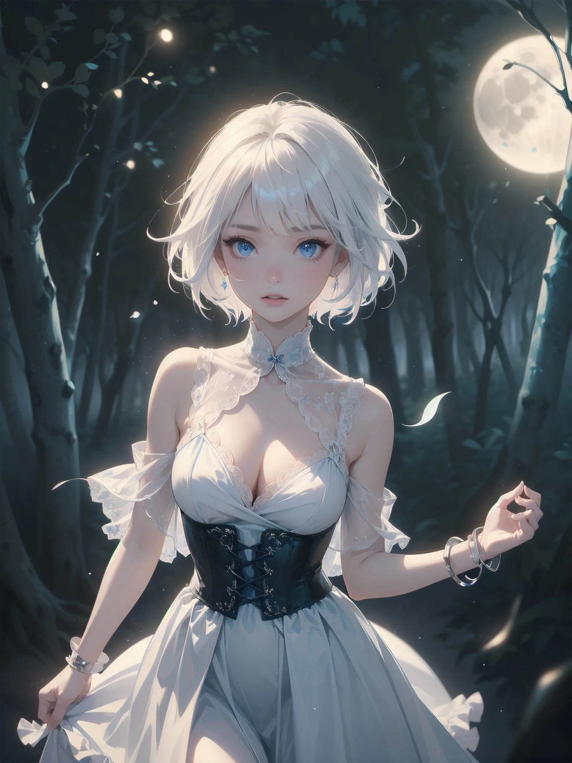 masterpiece、Highest quality、Beautiful expression、Absurd、Extraordinary World、Beauty、solo、Idol、(Cowboy Shot、Light blue ruffle lace long dress、white collar、White Ruffled Cuff、particle:1.5)、(bloom、Shine:1.4)、(Laughter)、(Short white hair、blue eyes:1.7)、Sharp focus、Photorealistic、High resolution、Most detailed、Very detailed、Detailed face and eyes、Sharp pupils、Realistic student、Sharp focus、 Shiny skin、Black Corset、Black pantyhose、(Dark Forest、moon、Dark Background:1.5)、Rim Light、dynamic, Cinema Lighting
