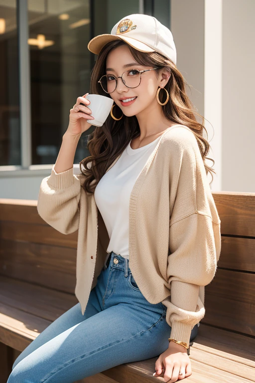highest quality、4K、Perfect Face、Perfect Style、perfect body、Sunburn、beautiful lady、mature、long layer brown hair、Swept-back hair、full body, sexy 、charming、healthy、of the highest quality、8K、realistic photo, highest quality、4K、Perfect Face、Perfect Style、perfect body、Sunburn、beautiful lady、mature、long curly layer brown hair、Swept-back hair、sexy 、charming、healthy、smile、
Generate a hyper-realistic image of a beautiful woman. She has a radiant and cheerful expression, highlighted by natural lighting. She is sitting on a modern stool, wearing a light denim jacket over a beige sweater draped around her shoulders, and white, high-waisted, relaxed-fit pants. Her accessories include a tan cap, large hoop earrings, and round glasses. She is holding a coffee cup in one hand and has a beige and tan leather handbag with a gold buckle slung over her shoulder. Her look is completed with gold bangles and tan sandals. Ensure the background is bright and modern, enhancing the overall vibrant and stylish atmosphere.