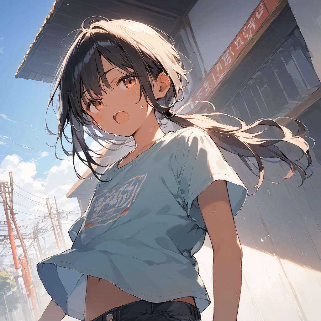 score_9, score_8_up, score_7_up, source_anime, best quality, masterpiece, official art, absurdres, highres, ultra-detailed,waifu2x,Collection: Slice of Life,break,1girl, tomboy, dark-skinned female, short hair, low ponytail, flat chest, beautiful detailed eyes, short shorts, sweat, open mouth, (yawn:0.3), sleepily, outdoors, wind, break,(clear line illustration:1.2),very high resolution, very aesthetic, super detailed skin, Best sexual lighting powered by famous artist, 8k,cute picture,beauty illustration,photoshop_(medium),,(Detailed Lighting),best anime 8k konachan wallpaper, pixiv contest winner,