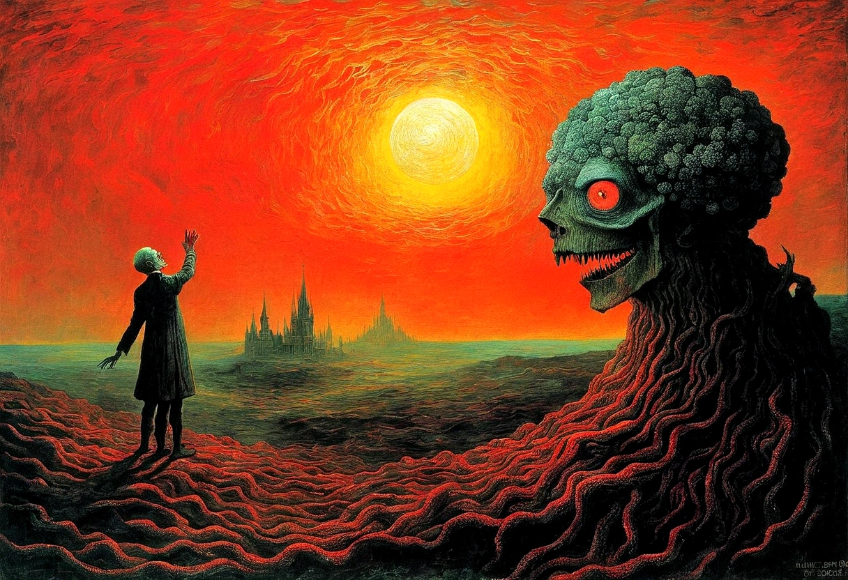Mythical creatures, author:Zdzislaw Beksiński and Vincent Van Gogh, Album cover, romantic, Surrealism, Futuristic ,Smiling , Coral, Wizard, Abstracted, dark, landscape
