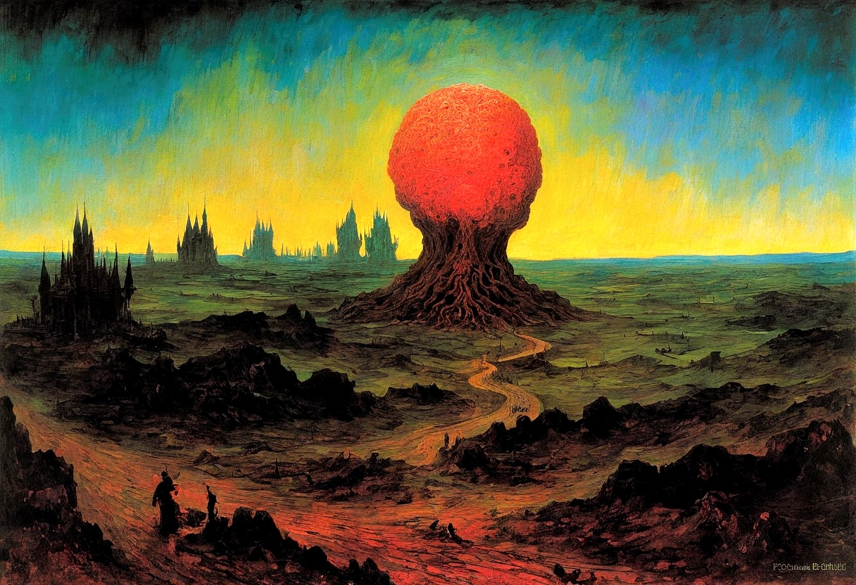 Mythical creatures, author：Zdzislaw Beksiński and Vincent Van Gogh, Album cover, romantic, Surrealism, Futuristic ,Smiling Corpse, Coral, Wizard, Abstracted, dark,  landscape