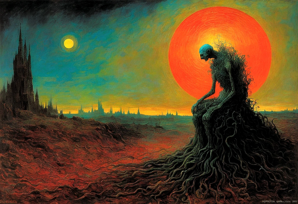 Mythical creatures, author:Zdzislaw Beksiński and Vincent Van Gogh, Album cover, romantic, Surrealism, Futuristic ,Smiling Corpse, Coral, Wizard, Abstracted, dark, landscape
