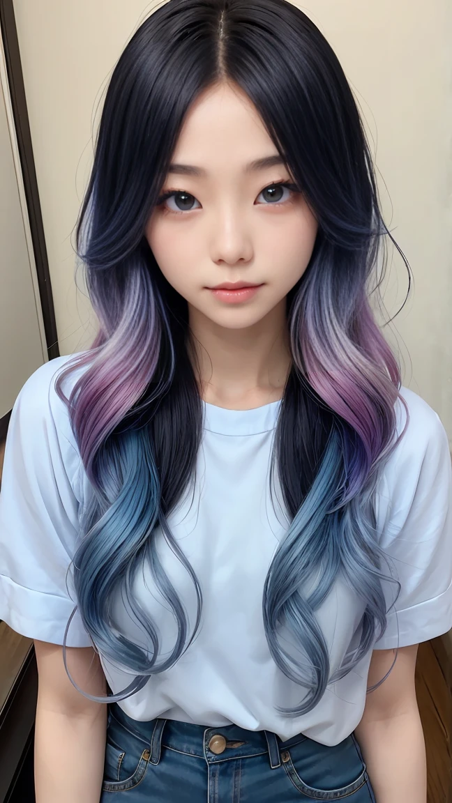 25-year-old woman、Hair color is gradient color、Eye color is blue、semi-long、My hair is wavy、I'Wearing eyeshadow and lipstick、I'ヘッドバンドをしているI、Wrist Accessories、A slim but well-proportioned muscular body、Wearing a tie front shirt、she'She is wearing a low rise mini pleated skirt.、I'Located in an alley lined with brick buildings in an old western town、Standing cross-legged、smile、Looking into the camera