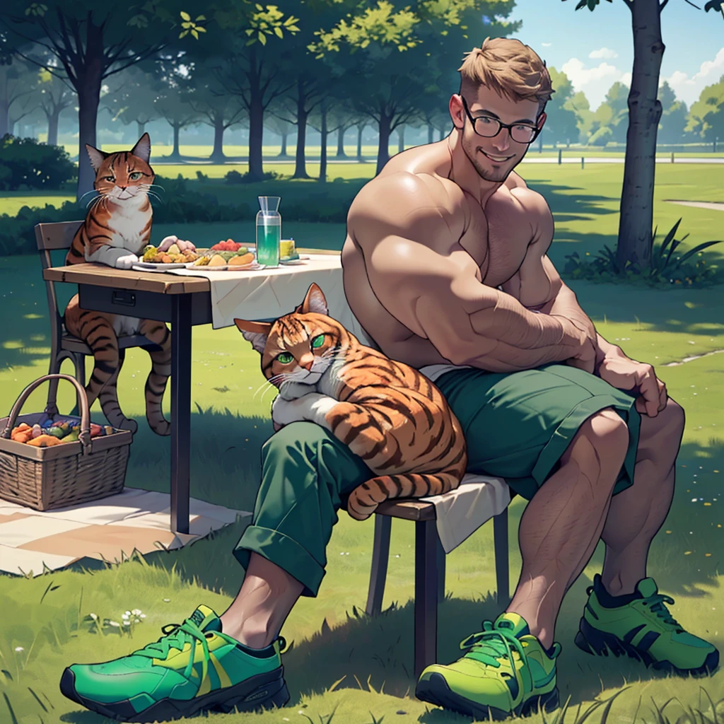 8k , masterpiece,  solo man, 1man show only ,  dark blond hair ,a dark blond  beard well groomed ,a dark blond chest hair , stephen amell  wearing( glasses,  and hairy chest ,(dark green short ),(dark green shoes) , 3 ginger cats sitting near him,  ,in a park,  sitting on a tablecloth spread on the green grass, near him a picnic basket full of food, high well detailed face,detailed fingers ,detailed body parts,  focus, happy smile, happy cats, heart-warming scene of lot of cuddling , seen from the front to side