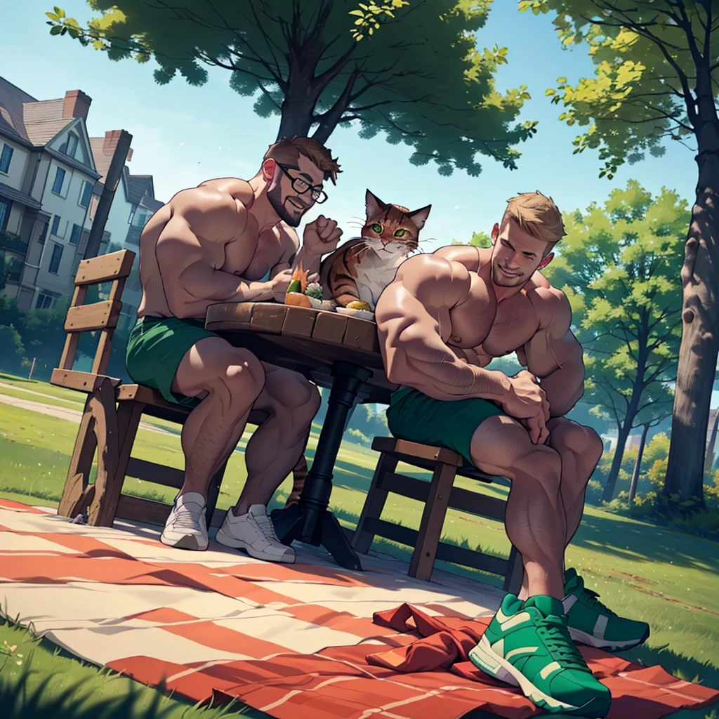 8k , masterpiece, solo man, 1man show only , dark blond hair ,a dark blond beard well groomed ,a dark blond chest hair , stephen amell wearing( glasses, topless and hairy chest ,(dark green short ),(dark green shoes) , 3 ginger cats sitting near him, ,in a park, sitting on a tablecloth spread on the green grass, near him a picnic basket full of food, high well detailed face,detailed fingers ,detailed body parts, focus, happy smile, happy cats, heart-warming scene of lot of cuddling , seen from the front to side