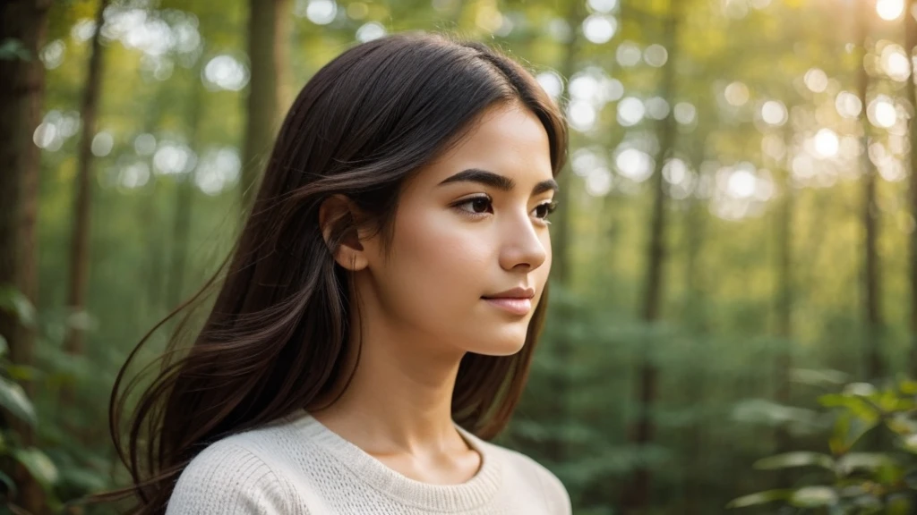 "A serene profile picture featuring a calm and relaxed face, with a soft focus nature background in pastel tones. The face should have a gentle, peaceful expression, with closed or softly gazing eyes. Lighting should be warm and soft, highlighting the tranquility of the scene. The overall style should be minimalist and clean, ensuring the face and serene atmosphere are the main focus."