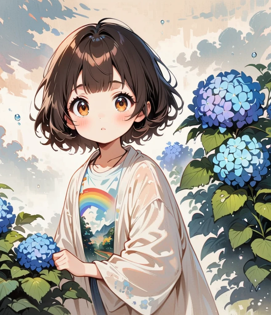 Dark brown hair、short hair、When it rains, a rainbow appears。Hydrangea(masterpiece, Highest quality:1.2), Cartoon style character design,1 Girl, alone,Big eyes,Cute expression,,Floral Shirt,interesting,interesting