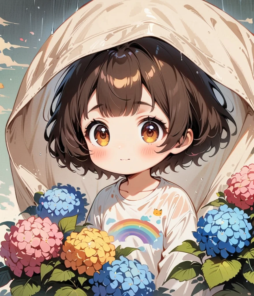 Dark brown hair、short hair、When it rains, a rainbow appears。Hydrangea(masterpiece, Highest quality:1.2), Cartoon style character design，1 Girl, alone，Big eyes，Cute expression，，Floral Shirt，interesting，interesting