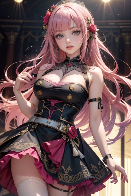 1girl, long hair, long flowing hair, floating hair, ornament hair, perfectly body, perfectly hands, rose on hair, magenta rose on hair, 1 girl, Looking at the audience, flowing hair, Beautiful Eyes, Plump and glossy lips, Idol, dress with too many frills, black dress, magenta laces, black Short skirt, , small skirt, skirt with layers, Drape clothes, magenta gem, Lace trim, bright stage, luxury gold details, gold jewelry, more details, best quality, Big sparkling eyes, blushing, Striped Lace Stockings, black ****ta skirt, sparkle, solo, centered girl, cowboy shot, perfectly body, perfectly hands, two arms, two legs, two hands, five fingers, perfect anatomy, glowing hair, magenta roses, on the stage, sparkles, more details on her clothes, dress with transparency, golden details on her dress, night, holding a microphone, ((4k, masterpiece, top-quality)), 8k, best quality, high resolution, UHD, (illustration:0.8), super cute girl, delicate and beautiful face, mature girl, super cute hairstyle, (beautiful detailed eyes:1.6), extremely detailed face, perfect lighting, extremely detailed CG, (perfect hands, perfect anatomy), Best quality, cleavage