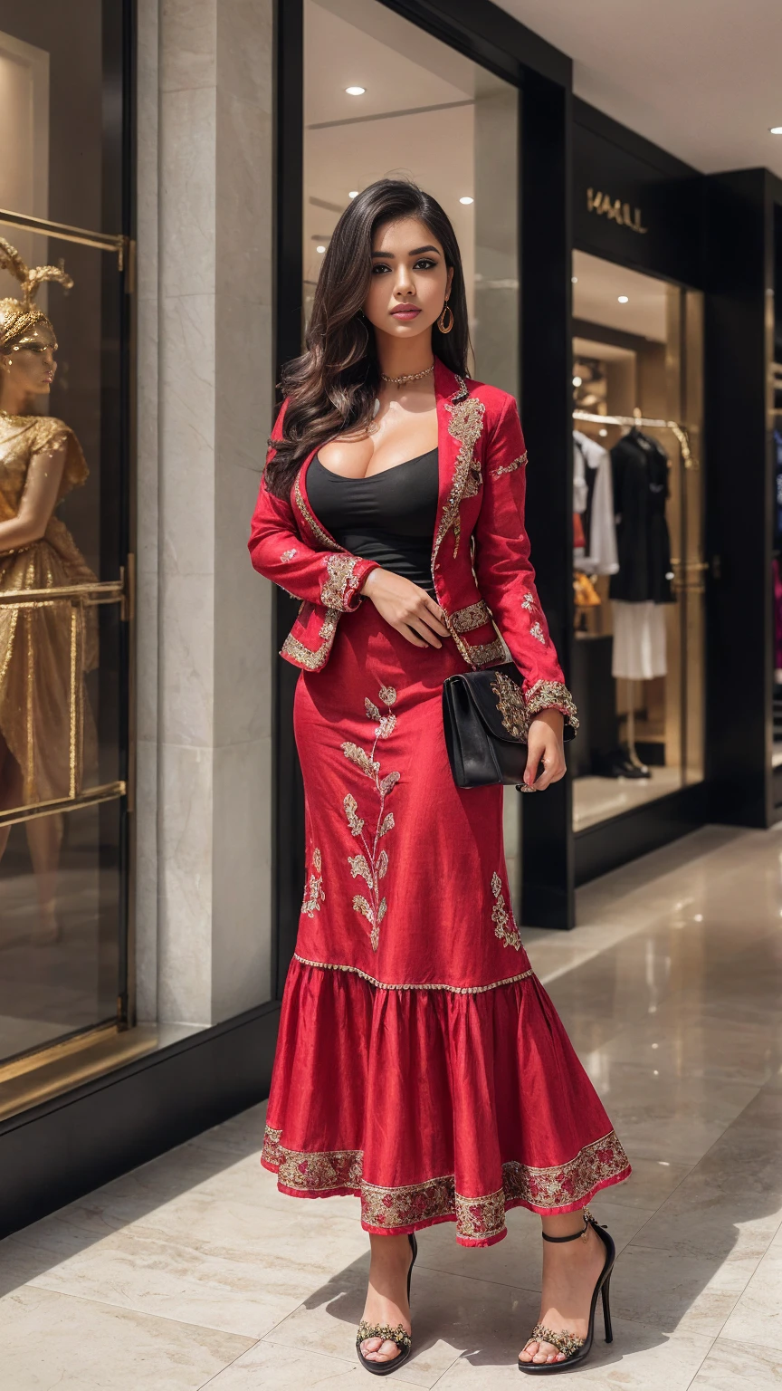 (girl in luxurious mall, shopping mall, luxurious mall, luxurious place),
(((Full body shot))), (Indian babe), (standing position, wide standing position), (looking at viewers, front view shots), (masterpiece, hyper realistic, hyper detailed, photorealists), 1girl, 20 years old lady, 16k, FHD, UHD, high quality pictures, extremely detailed, candid brightness, candid shots, extreme detailed, colorful, highest detailed, (iconic picture shot, perfect brightness, perfect contrast, perfect colour), (pretty face, iconic face), (detailed face, detailed eye, detailed lips, detailed neck, ultra realistic face, ultra realistic eye, ultra realistic lips), (attractive hair style, detailed hair style), (sagging perky breasts, perfect rounded breasts, attractive breasts), (attractive body figure, perfect body figure, perfect figure, curvy_figure attractive), (beautiful High heels, fancy high heels),
(beautiful girl in Indian outfits),
(beautiful and aesthetic),
((Fancy blazer, embroidery blazer, iconic blazer, Fancy bodycon maxi, dense flared maxi, down dense ruffled maxi, iconic fabric maxi, beautiful flared, colourfull flared, fancy flared,))