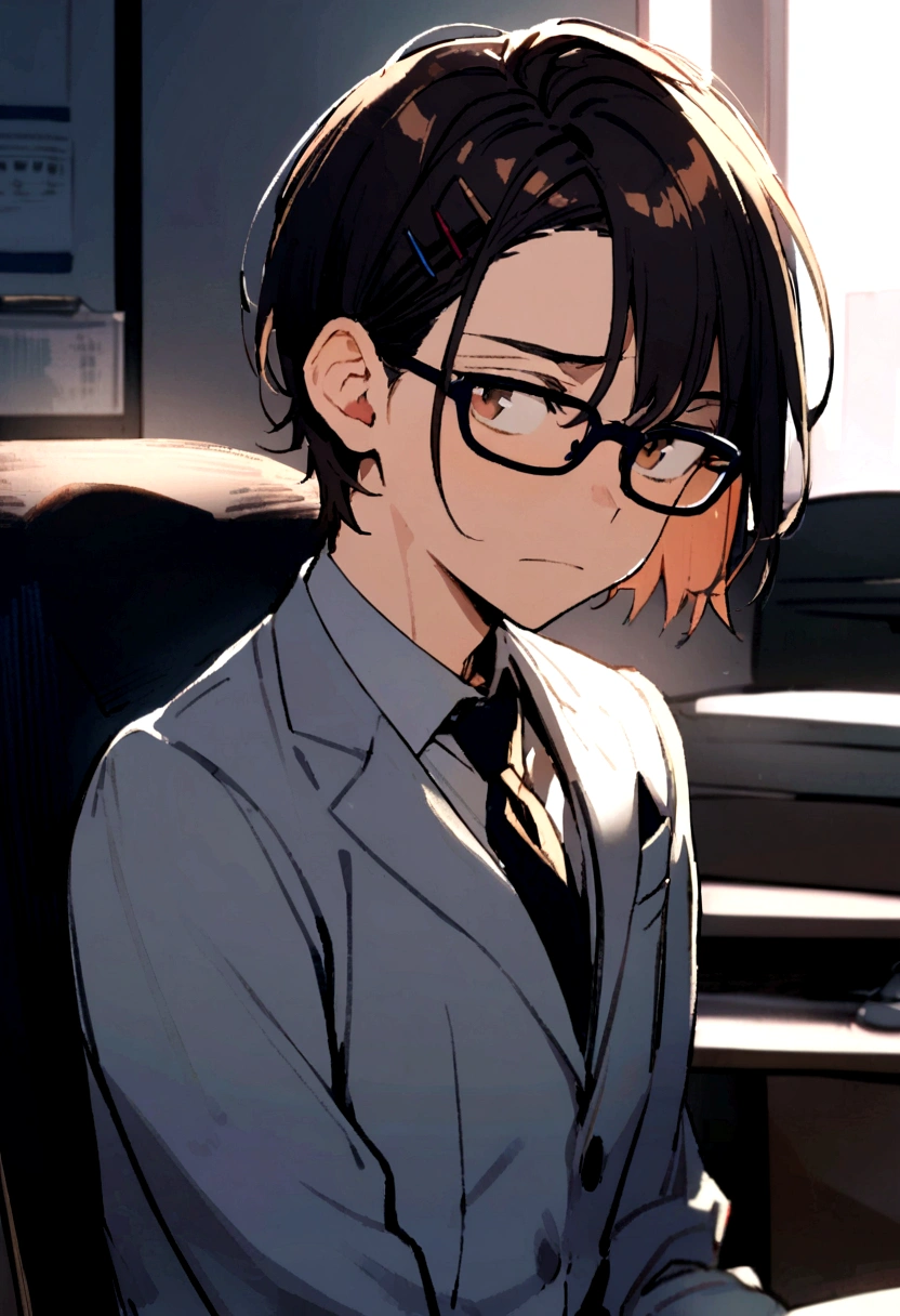 1boy, black Suits, Dark hair, side part hair, Brown Eyes, hairclip, glasses, childish looks, sitting on chair, short posture, tired face, Office Background, half body shot,