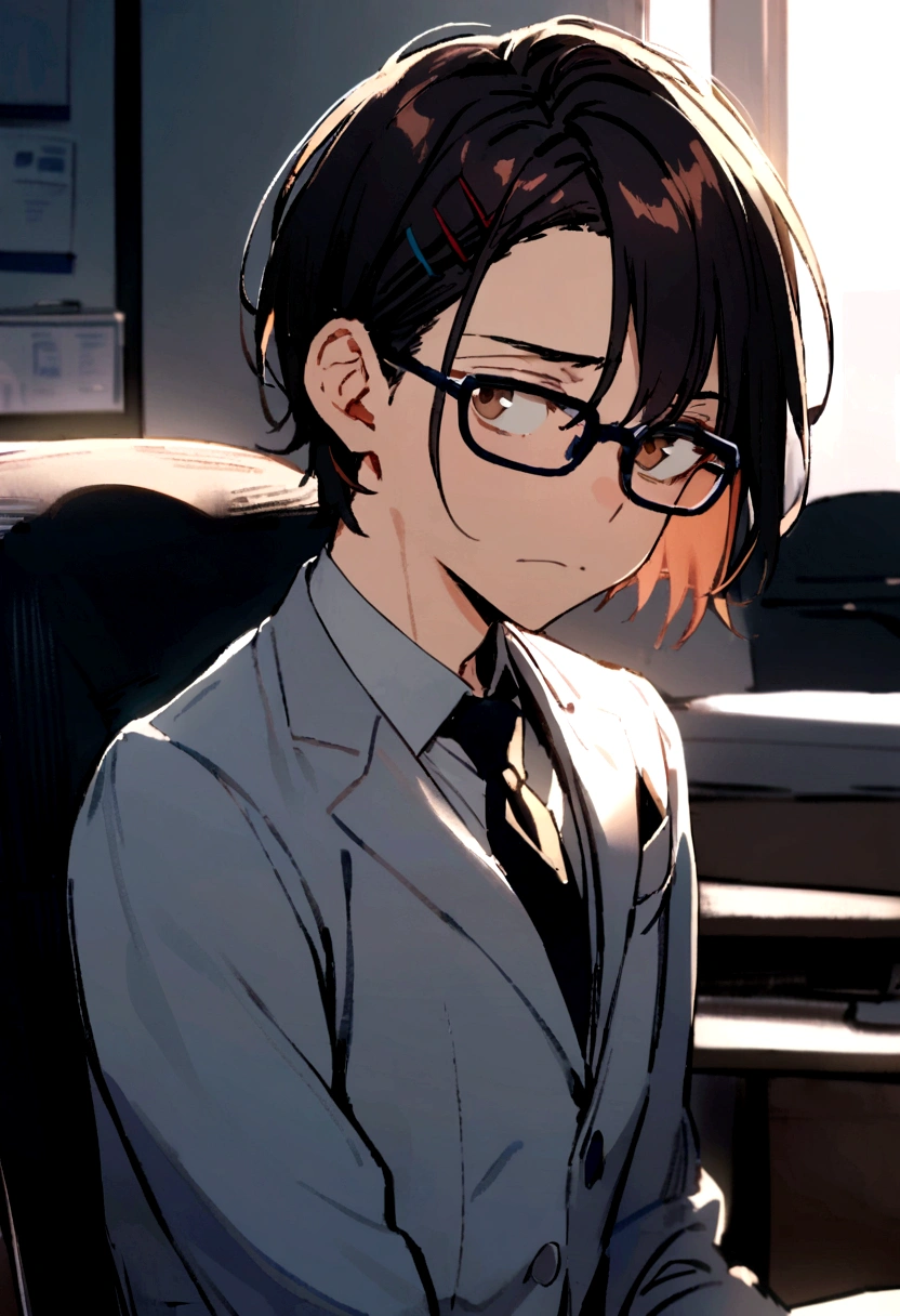 1boy, black Suits, Dark hair, side part hair, Brown Eyes, hairclip, glasses, childish looks, sitting on chair, short posture, tired face, Office Background, half body shot,