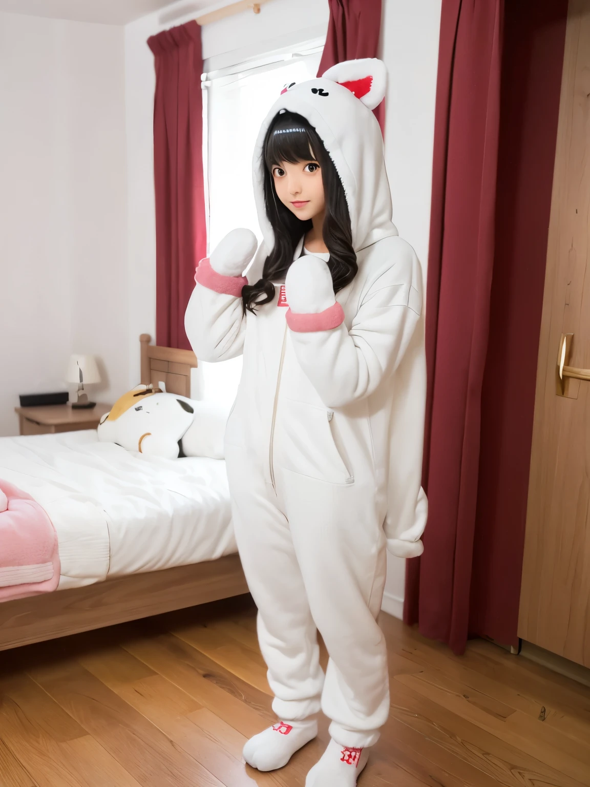 girl, (kigurumi:1.2), (White mittens:1.35), whole body, Sweat pants, (stands:1.3), (Short socks:1.2), Bedroom