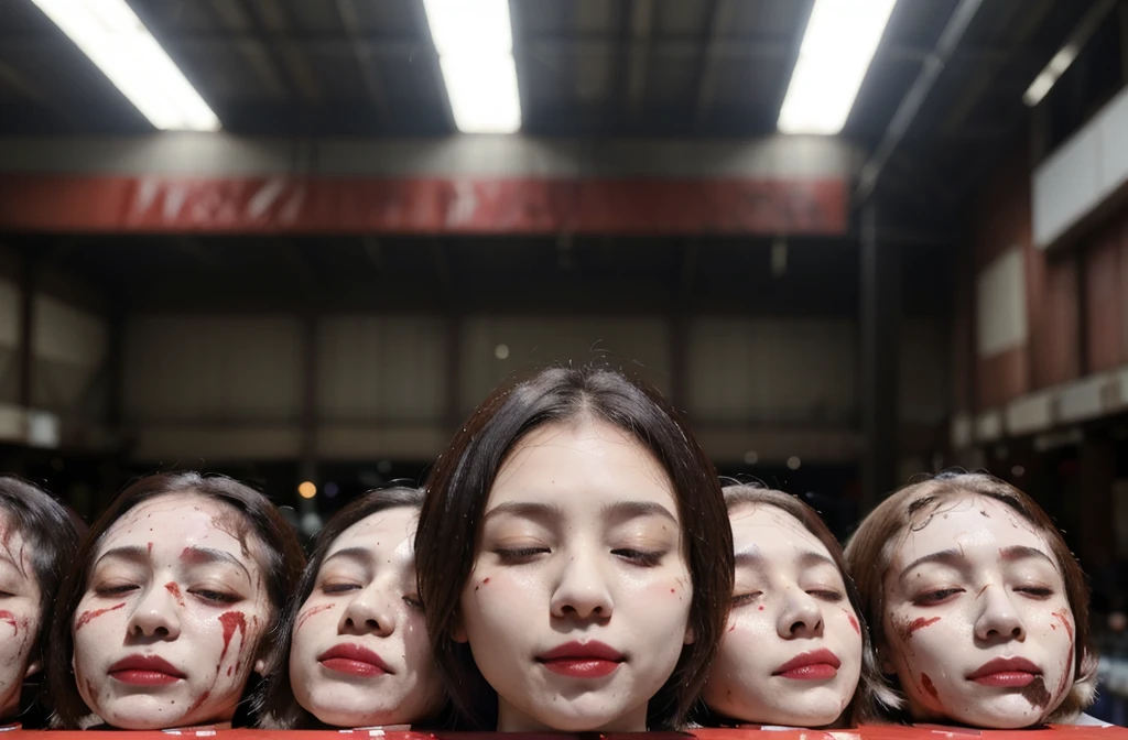 Several decapitated heads of beautiful women, on a table, in a public market, full of blood, blood flowing, ((eyes closed)), bleeding, photorealistic, horror, high definition, masterpiece, award-winning, High-Angle Shot: Nikon D850 camera with a Nikkor 24-70mm f/2.8E ED VR lens