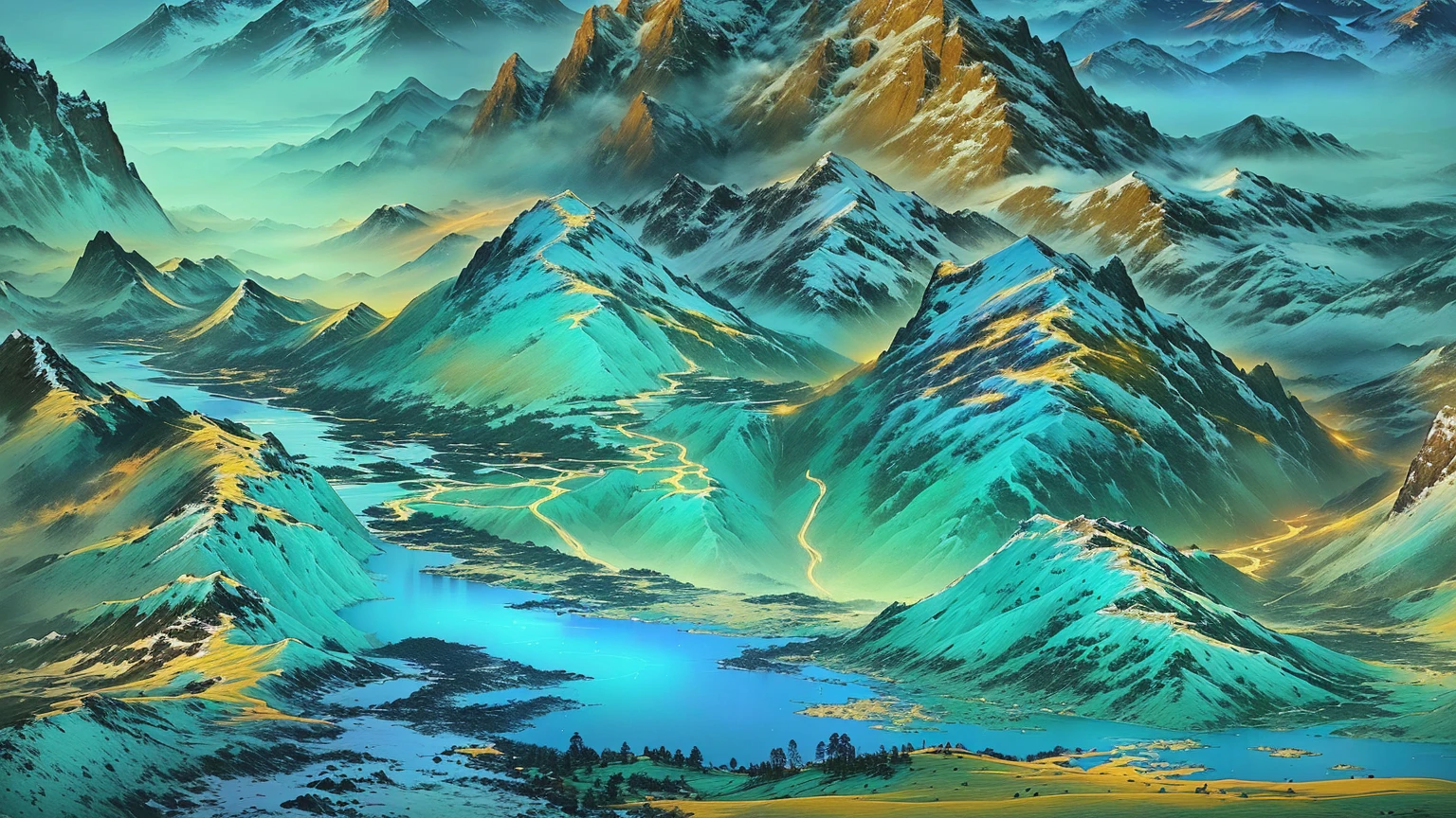 A mountain landscape painting with a river and mountains, Chinese scenery, author:Sim Che Tsai, thrilling, by Li Di, Gong Xian, author:Yuan Jiang, Extremely sophisticated, author:Qiandu, by Yang Buzhi, author:Song Xu, Inspired by Li Keran, , Inspired by Ma Yuan
