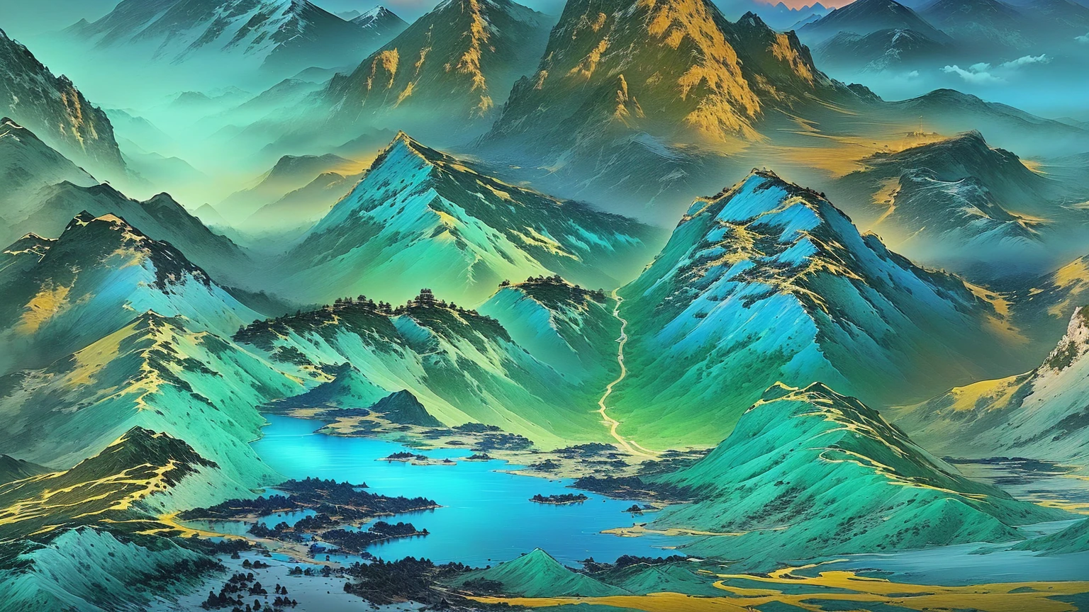 A mountain landscape painting with a river and mountains, Chinese scenery, author：Sim Che Tsai, thrilling, by Li Di, Gong Xian, author：Yuan Jiang, Extremely sophisticated, author：Qiandu, by Yang Buzhi, author：Song Xu, Inspired by Li Keran, , Inspired by Ma Yuan