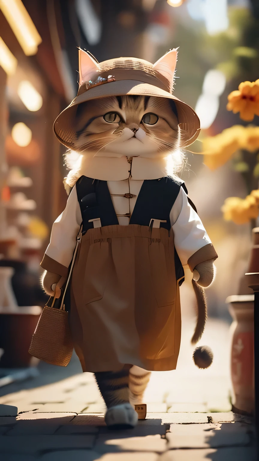 Fluffy brown cat, Highly detailed cat and fur, Wearing summer clothes, Explore the Chinese market, very detailed image, Kodak 400, Atmospheric light, 50mm lens